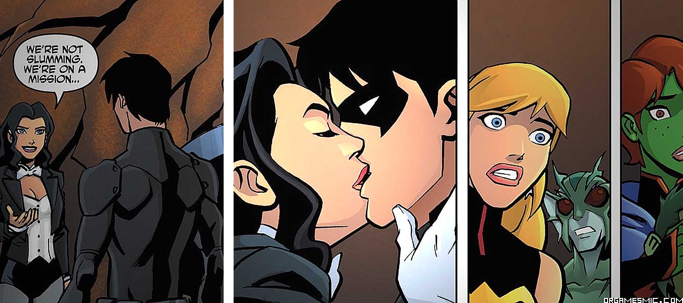 Nightwing and Zatanna kiss