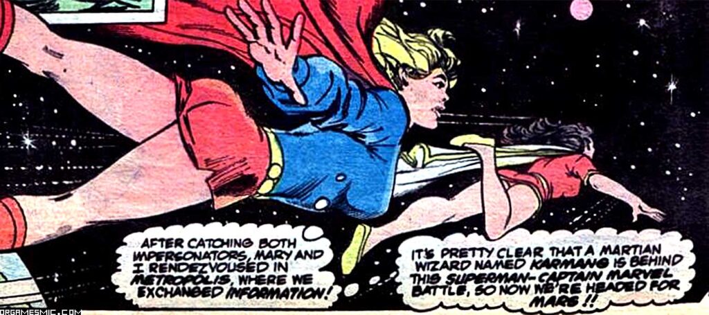 Mar Marvel and Supergirl flying in space
