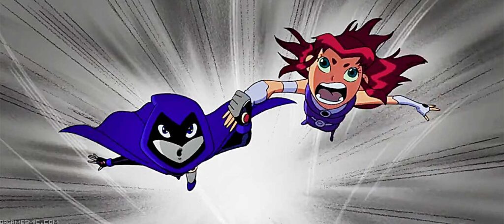 Starfire and Raven flying